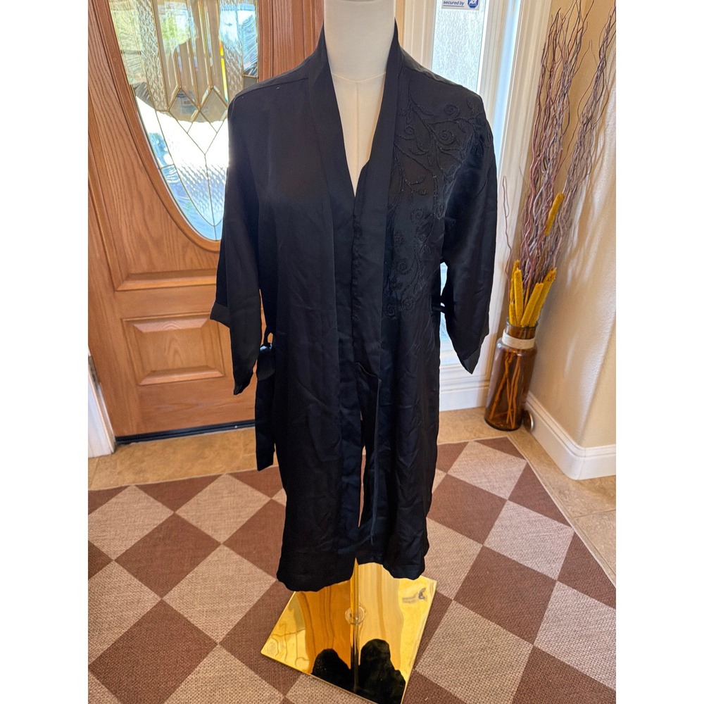 Private Luxuries Black Satin Robe Beaded Floral Vine Open Front Kimono Medium